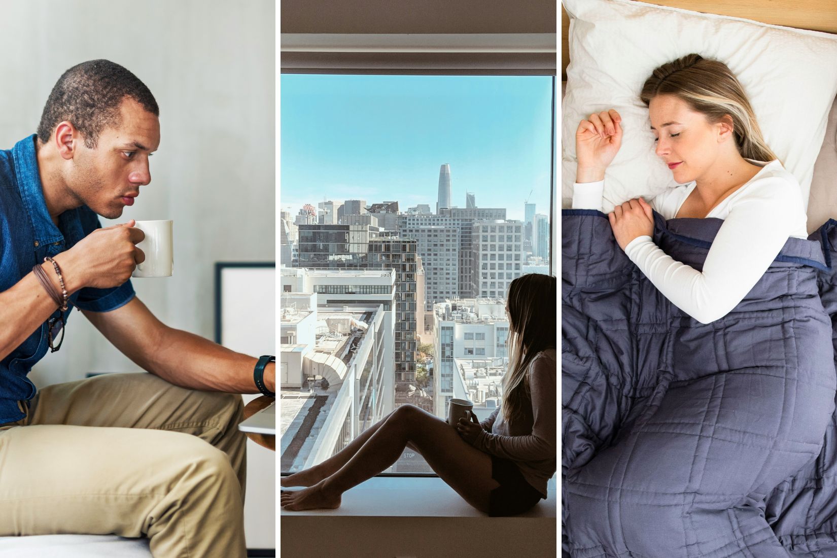 A morning-to-night triptych: a man sips coffee at his desk, a woman looks out over a city skyline, and another sleeps soundly under a weighted blanket, showing functional fragrance woven into daily wellness fragrances rituals.